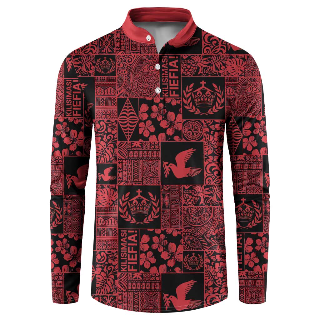 Black Tonga Kilisimasi Fiefia Button Sweatshirt Pacific Patchwork Xmas Vibes - Polynesian Pride