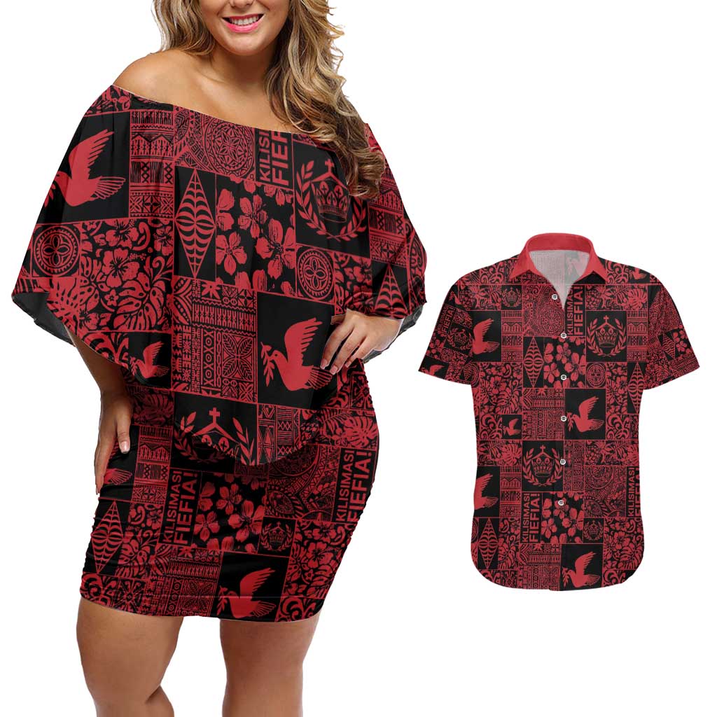 Black Tonga Kilisimasi Fiefia Couples Matching Off Shoulder Short Dress and Hawaiian Shirt Pacific Patchwork Xmas Vibes - Polynesian Pride
