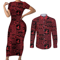Black Tonga Kilisimasi Fiefia Couples Matching Short Sleeve Bodycon Dress and Long Sleeve Button Shirt Pacific Patchwork Xmas Vibes - Polynesian Pride