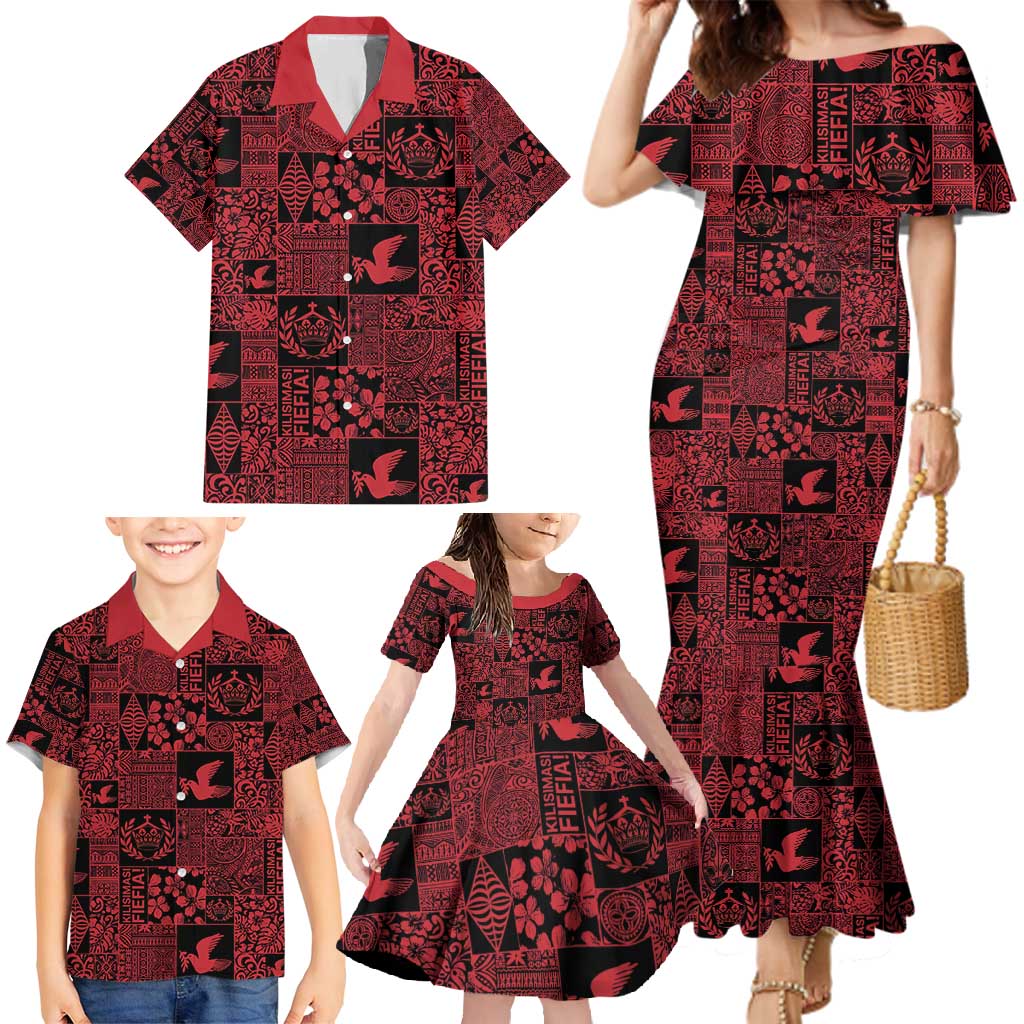 Black Tonga Kilisimasi Fiefia Family Matching Mermaid Dress and Hawaiian Shirt Pacific Patchwork Xmas Vibes - Polynesian Pride