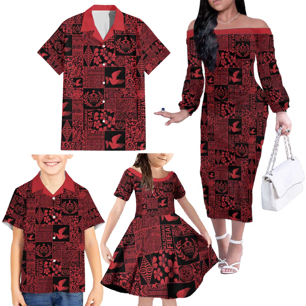 Black Tonga Kilisimasi Fiefia Family Matching Off The Shoulder Long Sleeve Dress and Hawaiian Shirt Pacific Patchwork Xmas Vibes - Polynesian Pride
