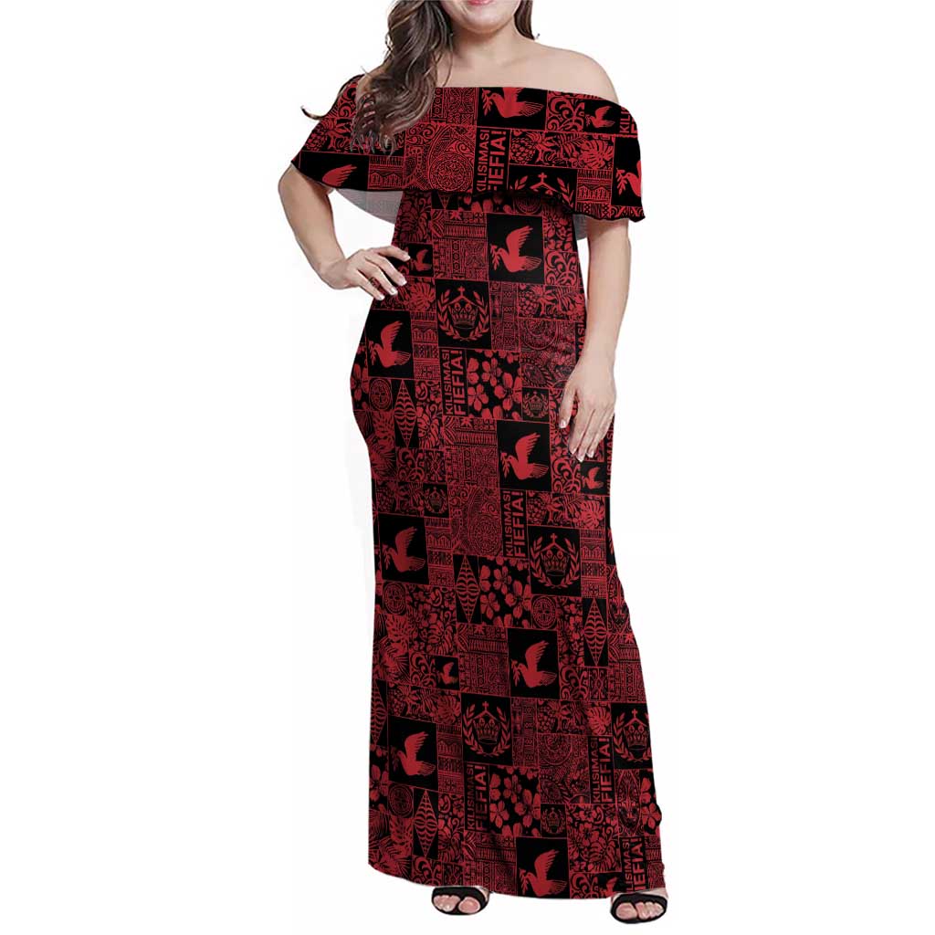 Black Tonga Kilisimasi Fiefia Family Matching Off Shoulder Maxi Dress and Hawaiian Shirt Pacific Patchwork Xmas Vibes - Polynesian Pride