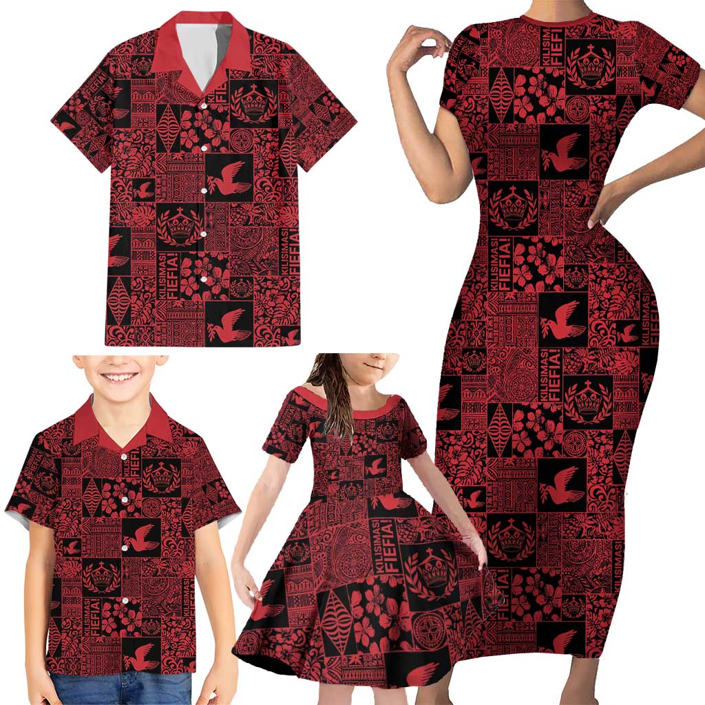 Black Tonga Kilisimasi Fiefia Family Matching Short Sleeve Bodycon Dress and Hawaiian Shirt Pacific Patchwork Xmas Vibes - Polynesian Pride