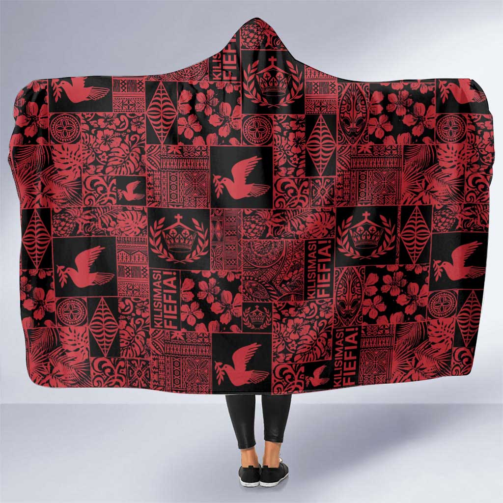 Black Tonga Kilisimasi Fiefia Hooded Blanket Pacific Patchwork Xmas Vibes - Polynesian Pride