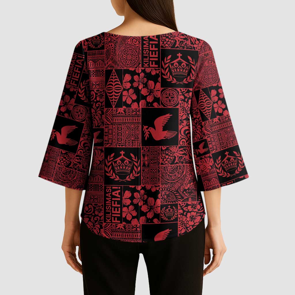 Black Tonga Kilisimasi Fiefia Kimono Sleeve Blouse Pacific Patchwork Xmas Vibes - Polynesian Pride