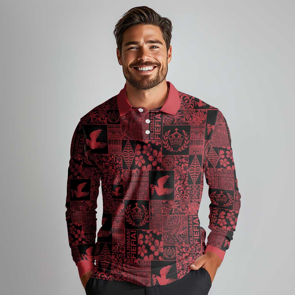 Black Tonga Kilisimasi Fiefia Long Sleeve Polo Shirt Pacific Patchwork Xmas Vibes - Polynesian Pride