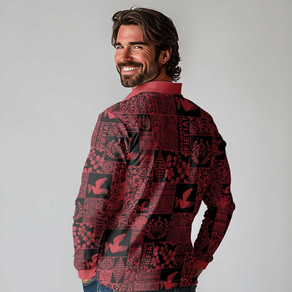 Black Tonga Kilisimasi Fiefia Long Sleeve Polo Shirt Pacific Patchwork Xmas Vibes - Polynesian Pride