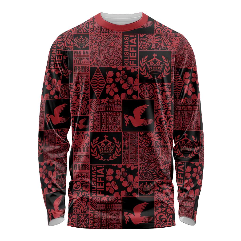 Black Tonga Kilisimasi Fiefia Long Sleeve Shirt Pacific Patchwork Xmas Vibes - Polynesian Pride