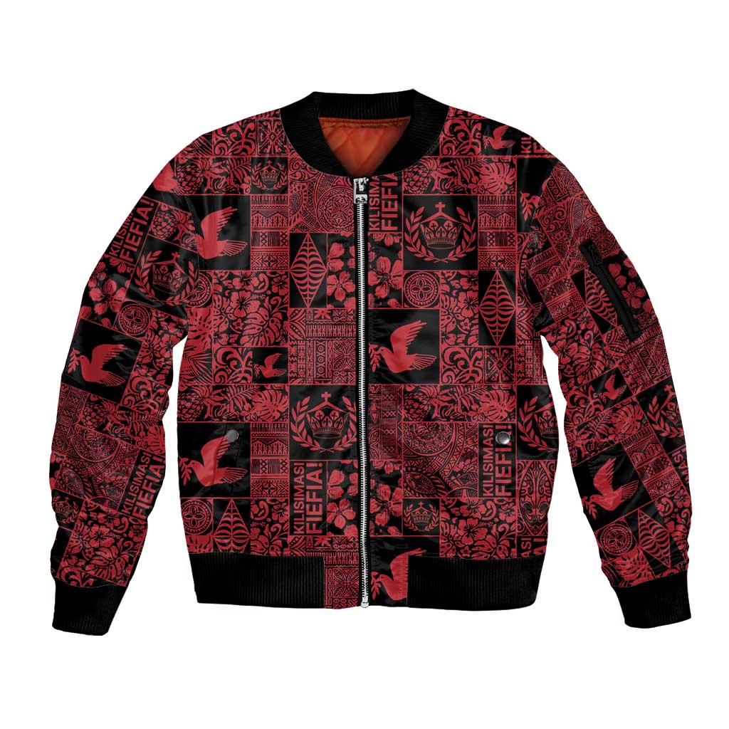 Black Tonga Kilisimasi Fiefia Sleeve Zip Bomber Jacket Pacific Patchwork Xmas Vibes - Polynesian Pride