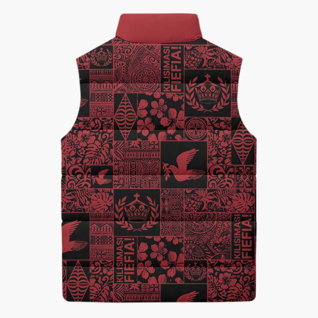 Black Tonga Kilisimasi Fiefia Sleeveless Puffer Jacket Pacific Patchwork Xmas Vibes - Polynesian Pride