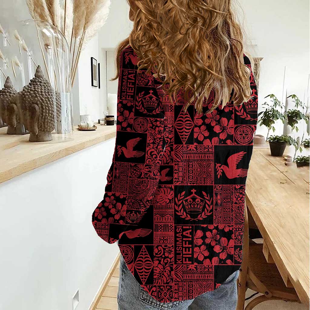Black Tonga Kilisimasi Fiefia Women Casual Shirt Pacific Patchwork Xmas Vibes - Polynesian Pride