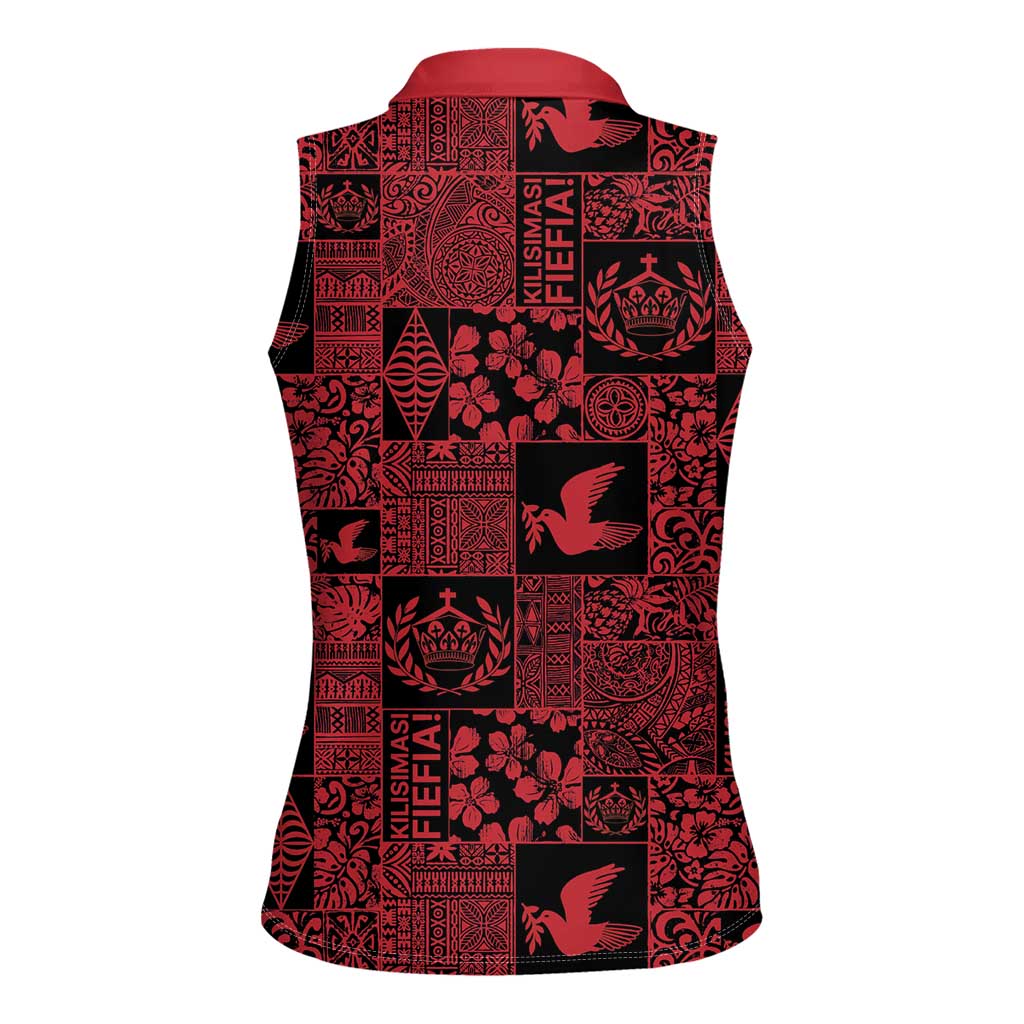 Black Tonga Kilisimasi Fiefia Women Sleeveless Polo Shirt Pacific Patchwork Xmas Vibes - Polynesian Pride