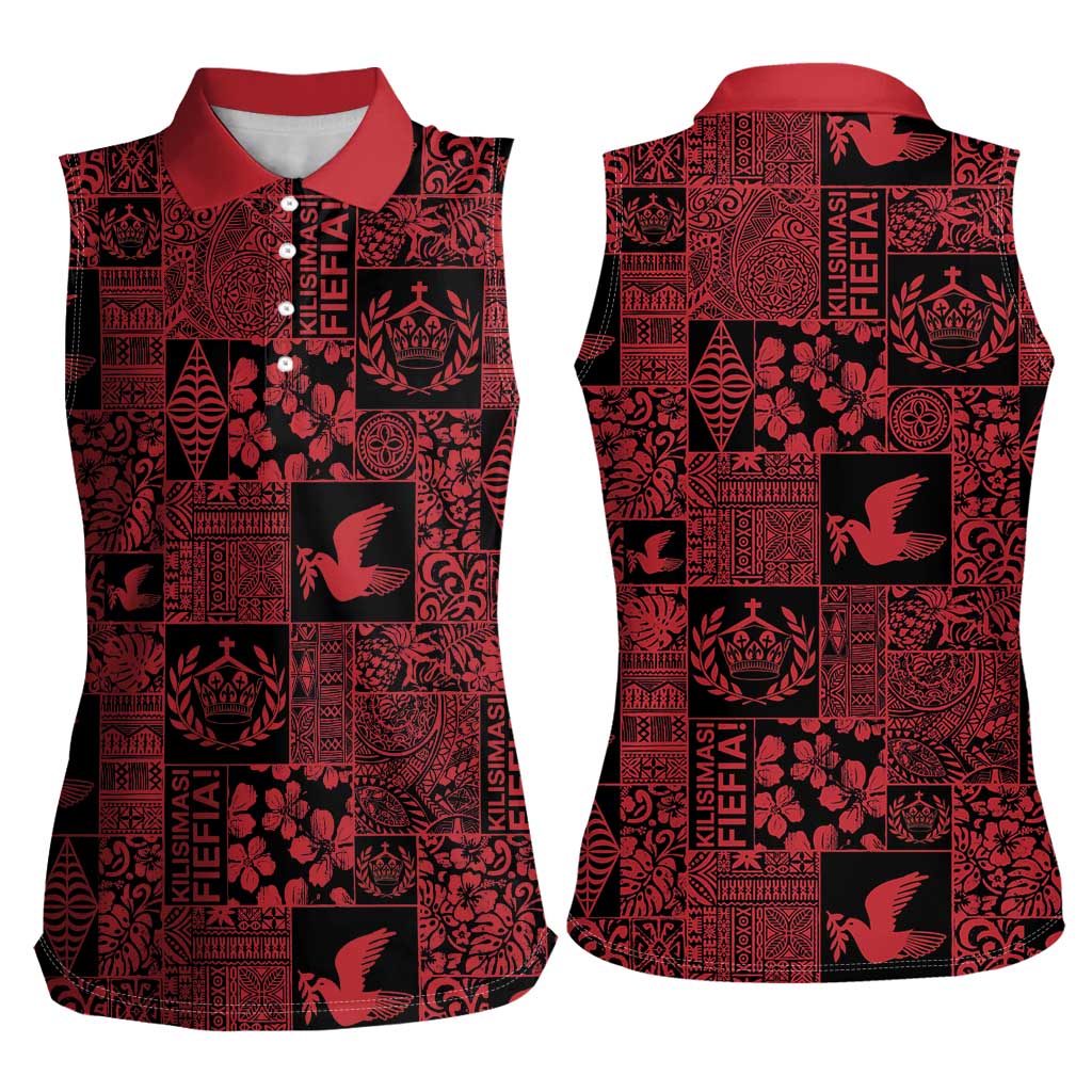 Black Tonga Kilisimasi Fiefia Women Sleeveless Polo Shirt Pacific Patchwork Xmas Vibes - Polynesian Pride