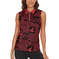 Black Tonga Kilisimasi Fiefia Women Sleeveless Polo Shirt Pacific Patchwork Xmas Vibes - Polynesian Pride