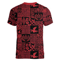 Black Tonga Kilisimasi Fiefia Women V-Neck T-Shirt Pacific Patchwork Xmas Vibes - Polynesian Pride