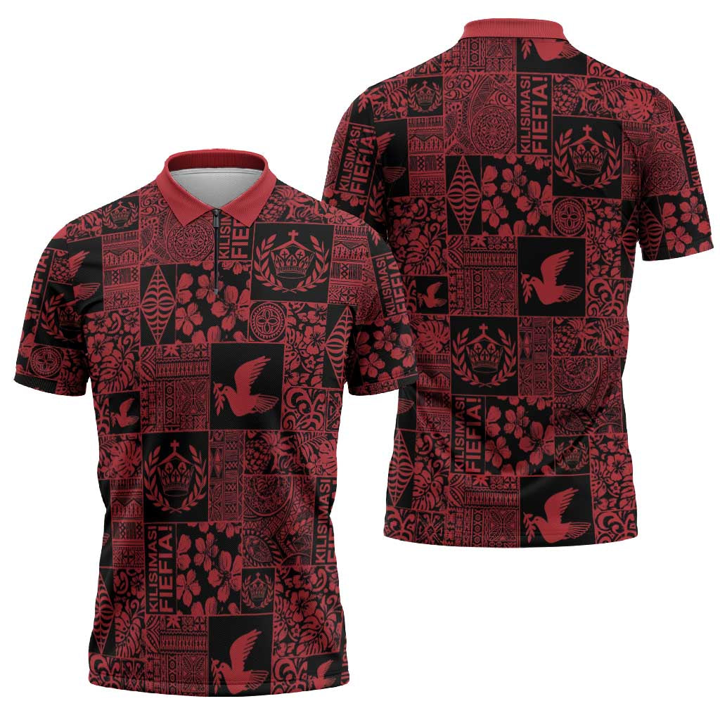 Black Tonga Kilisimasi Fiefia Zipper Polo Shirt Pacific Patchwork Xmas Vibes - Polynesian Pride