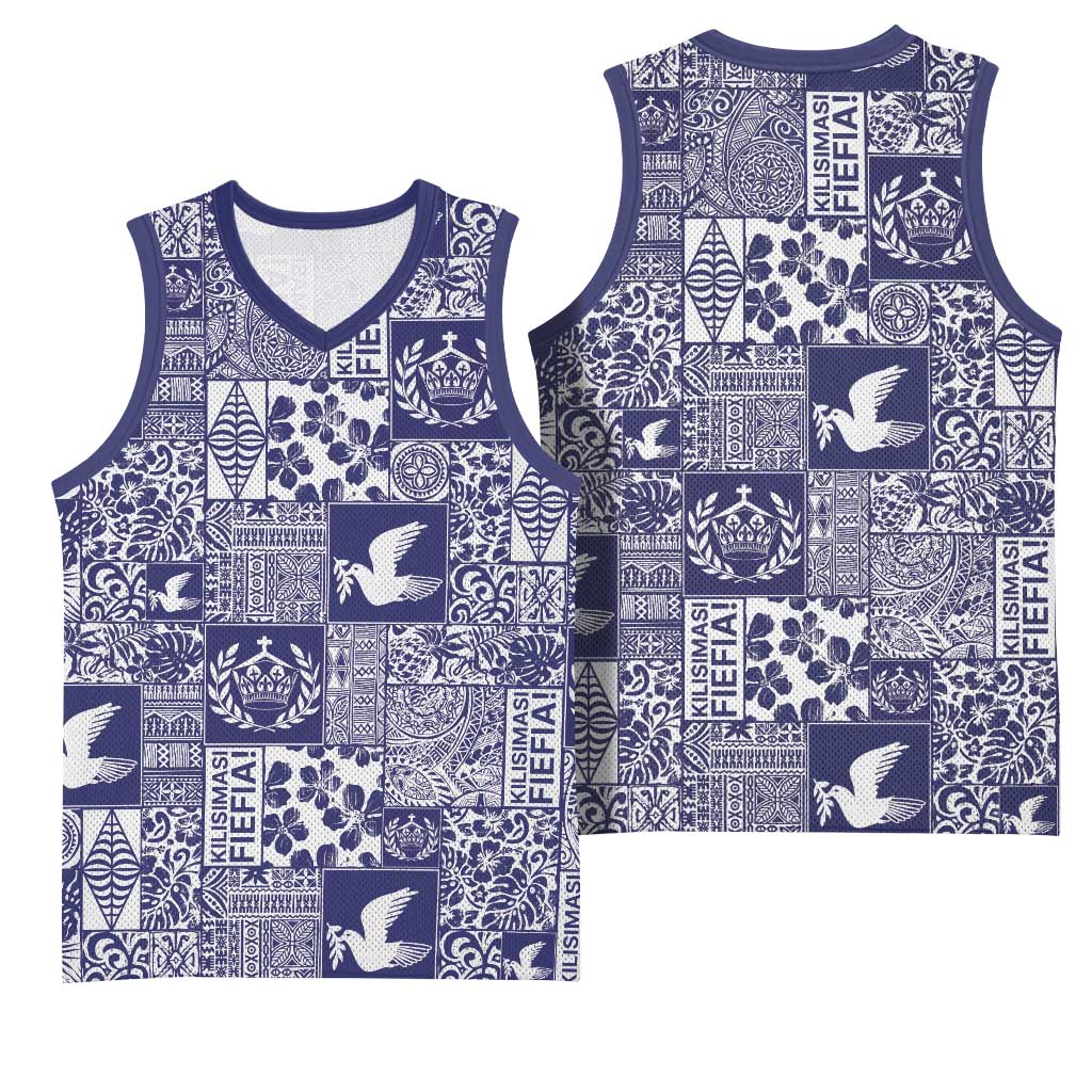 Blue Tonga Kilisimasi Fiefia Basketball Jersey Pacific Patchwork Xmas Vibes - Polynesian Pride