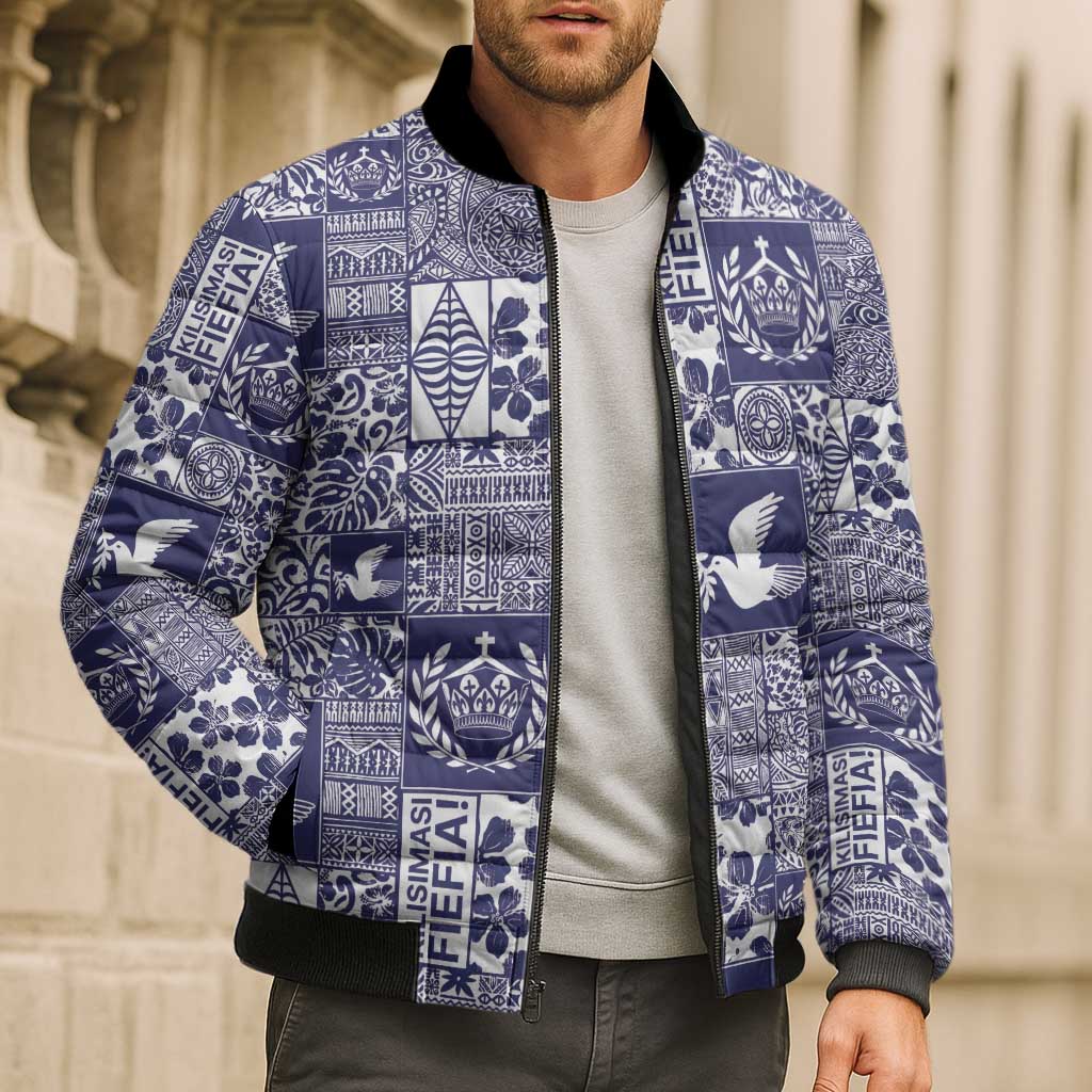 Blue Tonga Kilisimasi Fiefia Bomber Puffer Jacket Pacific Patchwork Xmas Vibes - Polynesian Pride