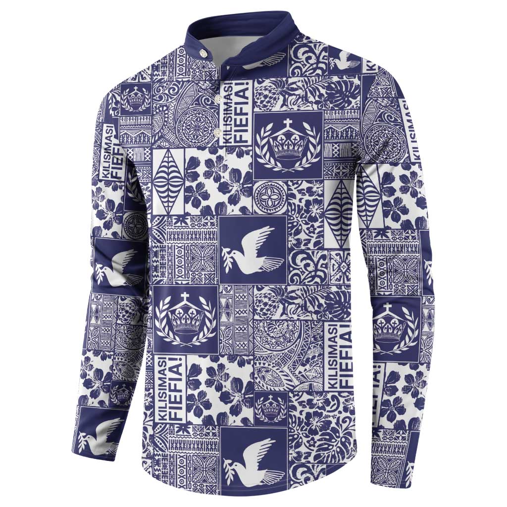 Blue Tonga Kilisimasi Fiefia Button Sweatshirt Pacific Patchwork Xmas Vibes - Polynesian Pride