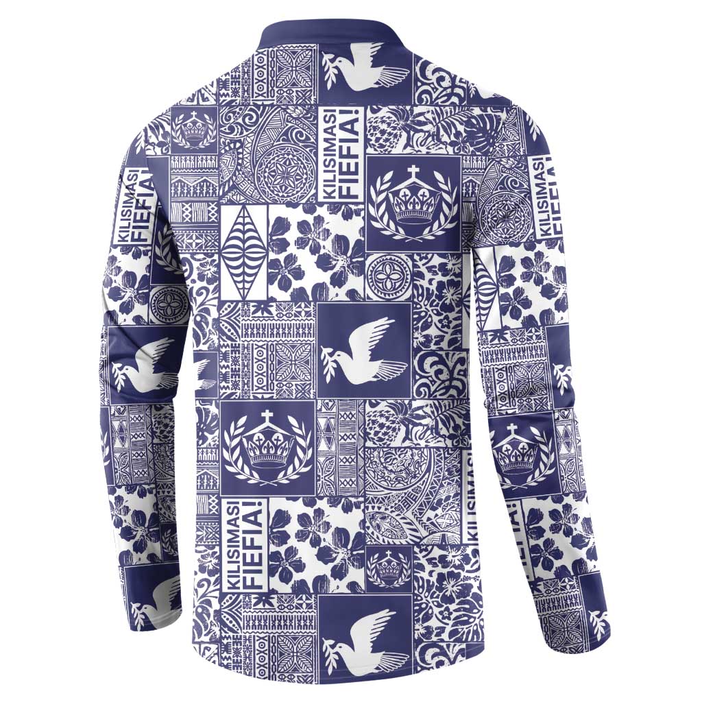 Blue Tonga Kilisimasi Fiefia Button Sweatshirt Pacific Patchwork Xmas Vibes - Polynesian Pride
