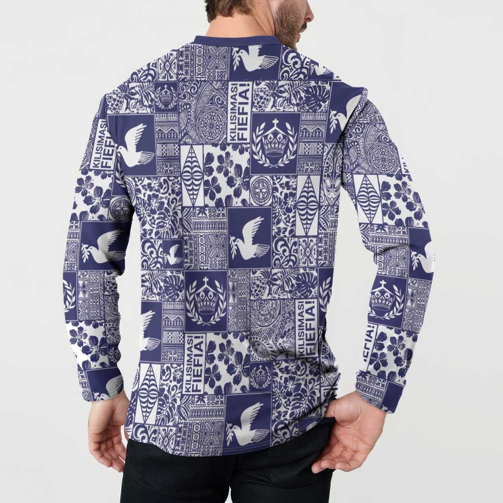 Blue Tonga Kilisimasi Fiefia Button Sweatshirt Pacific Patchwork Xmas Vibes - Polynesian Pride