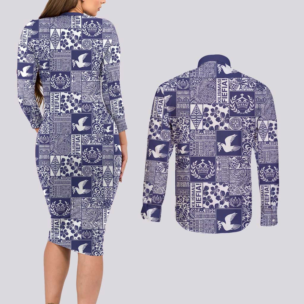 Blue Tonga Kilisimasi Fiefia Couples Matching Long Sleeve Bodycon Dress and Long Sleeve Button Shirt Pacific Patchwork Xmas Vibes - Polynesian Pride