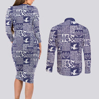 Blue Tonga Kilisimasi Fiefia Couples Matching Long Sleeve Bodycon Dress and Long Sleeve Button Shirt Pacific Patchwork Xmas Vibes - Polynesian Pride