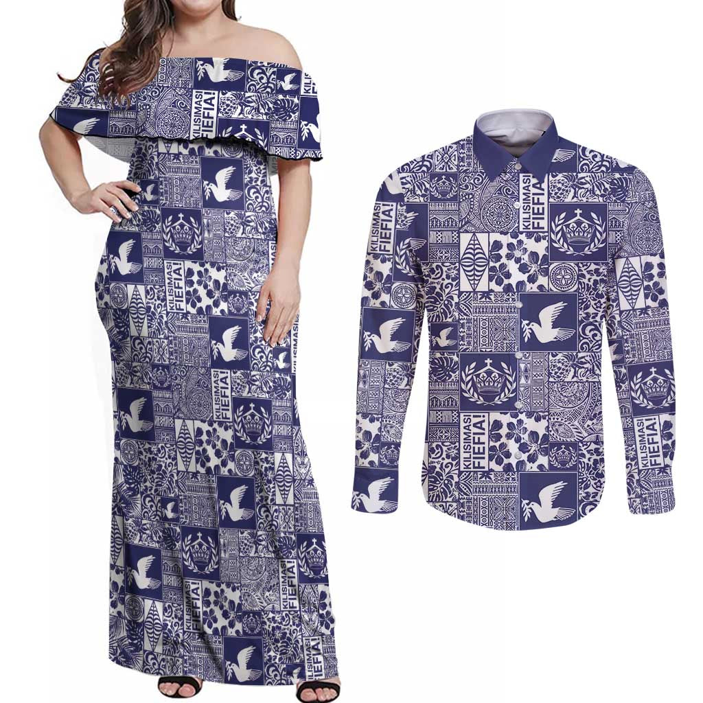 Blue Tonga Kilisimasi Fiefia Couples Matching Off Shoulder Maxi Dress and Long Sleeve Button Shirt Pacific Patchwork Xmas Vibes - Polynesian Pride