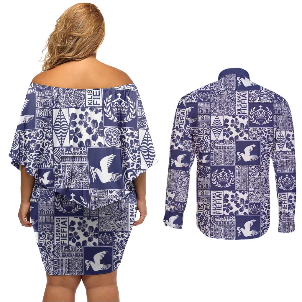 Blue Tonga Kilisimasi Fiefia Couples Matching Off Shoulder Short Dress and Long Sleeve Button Shirt Pacific Patchwork Xmas Vibes - Polynesian Pride