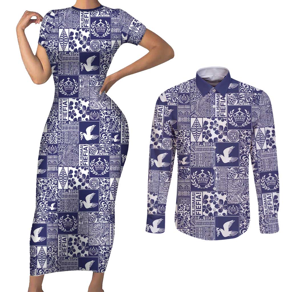 Blue Tonga Kilisimasi Fiefia Couples Matching Short Sleeve Bodycon Dress and Long Sleeve Button Shirt Pacific Patchwork Xmas Vibes - Polynesian Pride