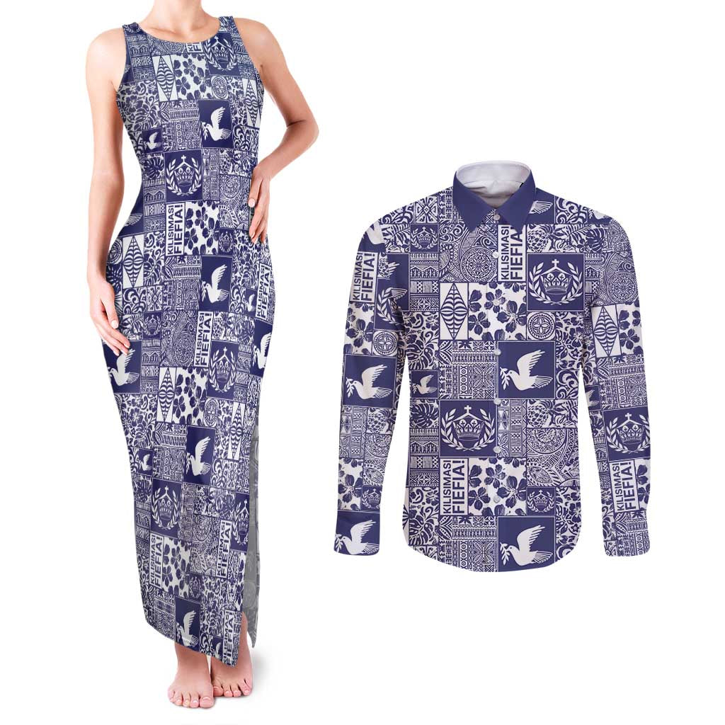 Blue Tonga Kilisimasi Fiefia Couples Matching Tank Maxi Dress and Long Sleeve Button Shirt Pacific Patchwork Xmas Vibes - Polynesian Pride
