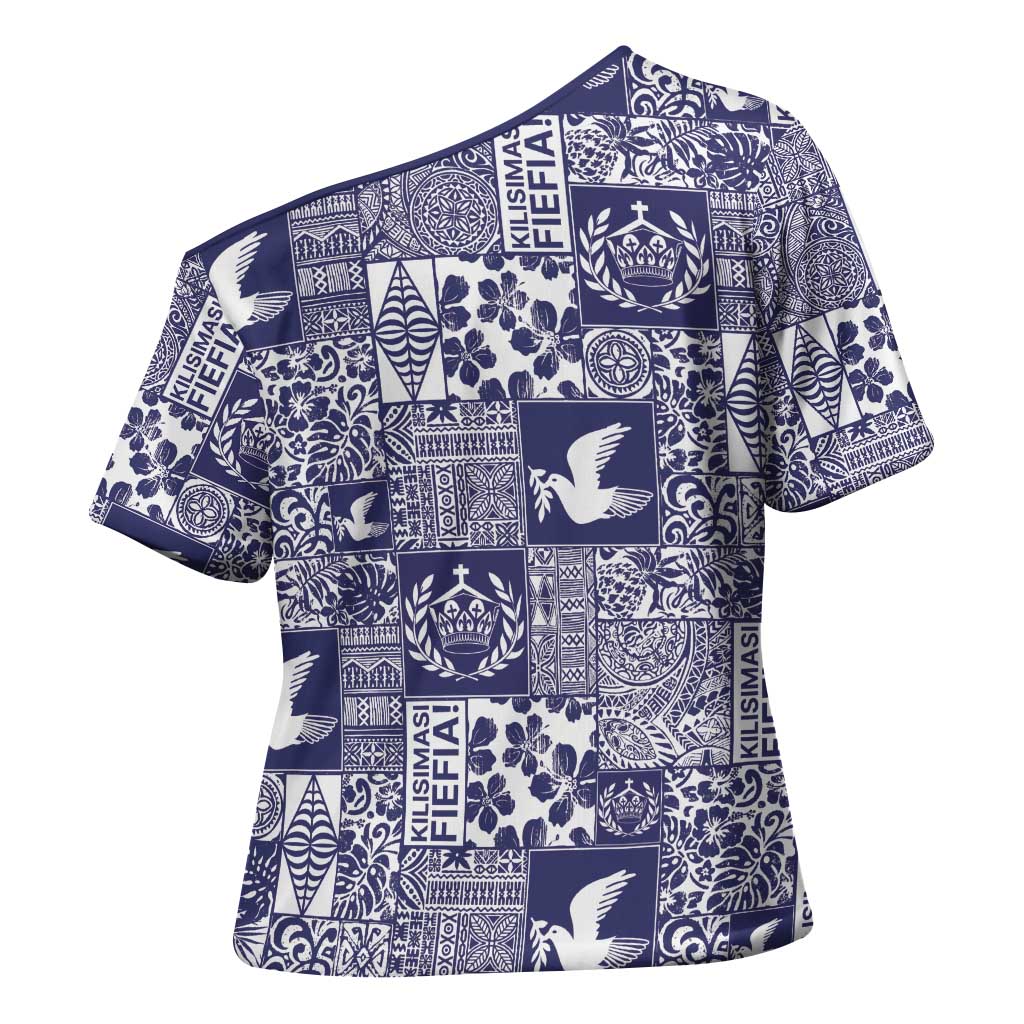 Blue Tonga Kilisimasi Fiefia Cross Shoulder Shirt Pacific Patchwork Xmas Vibes - Polynesian Pride