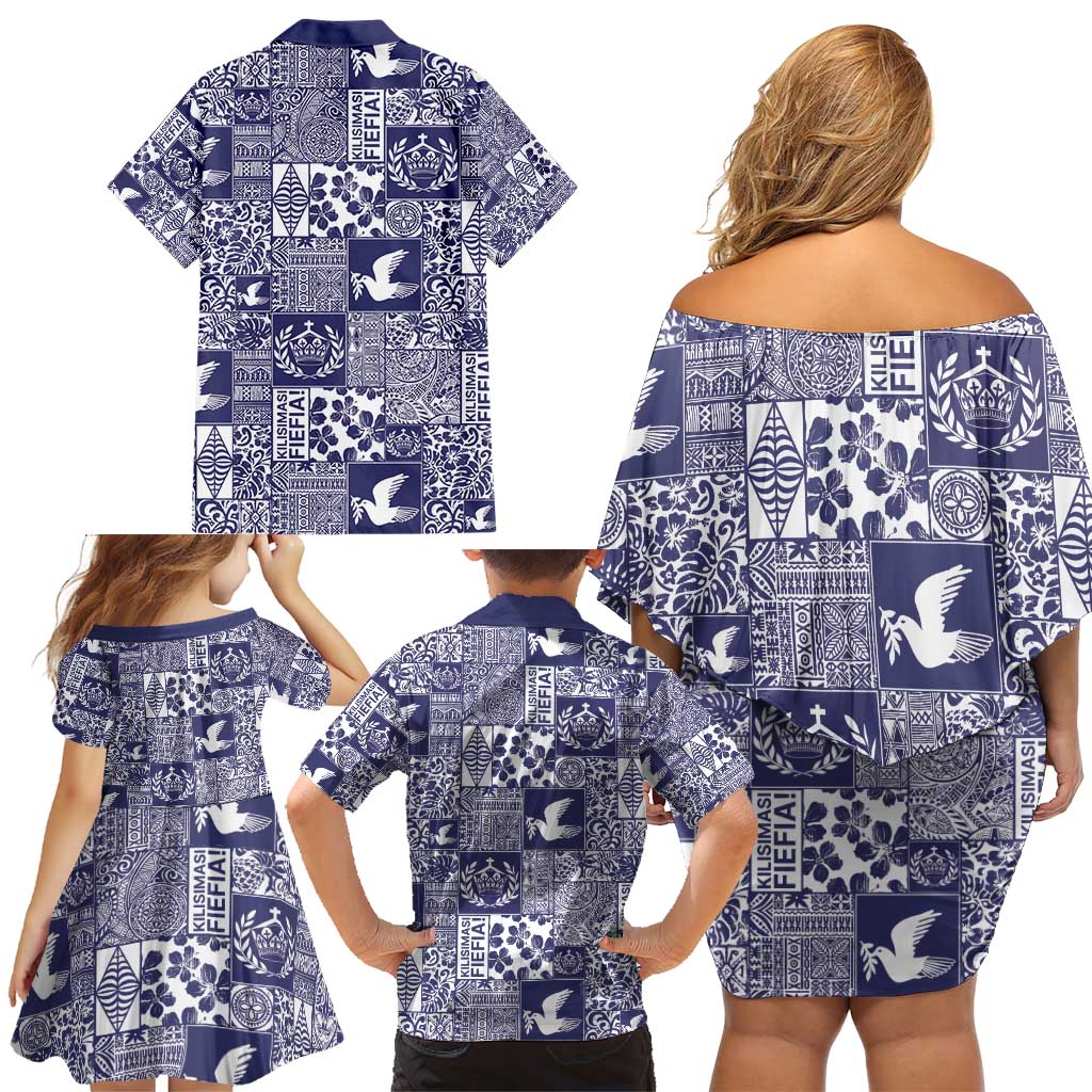 Blue Tonga Kilisimasi Fiefia Family Matching Off Shoulder Short Dress and Hawaiian Shirt Pacific Patchwork Xmas Vibes - Polynesian Pride