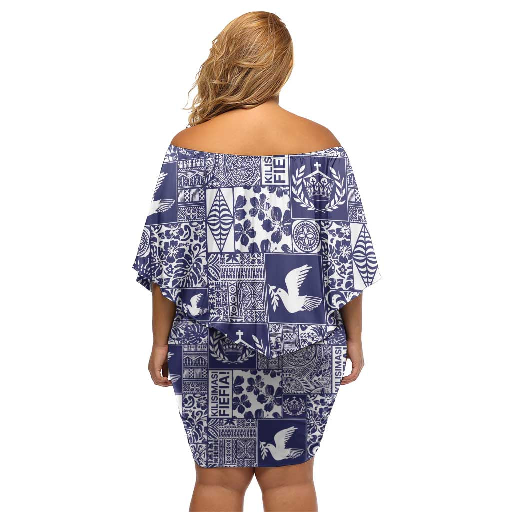 Blue Tonga Kilisimasi Fiefia Family Matching Off Shoulder Short Dress and Hawaiian Shirt Pacific Patchwork Xmas Vibes - Polynesian Pride
