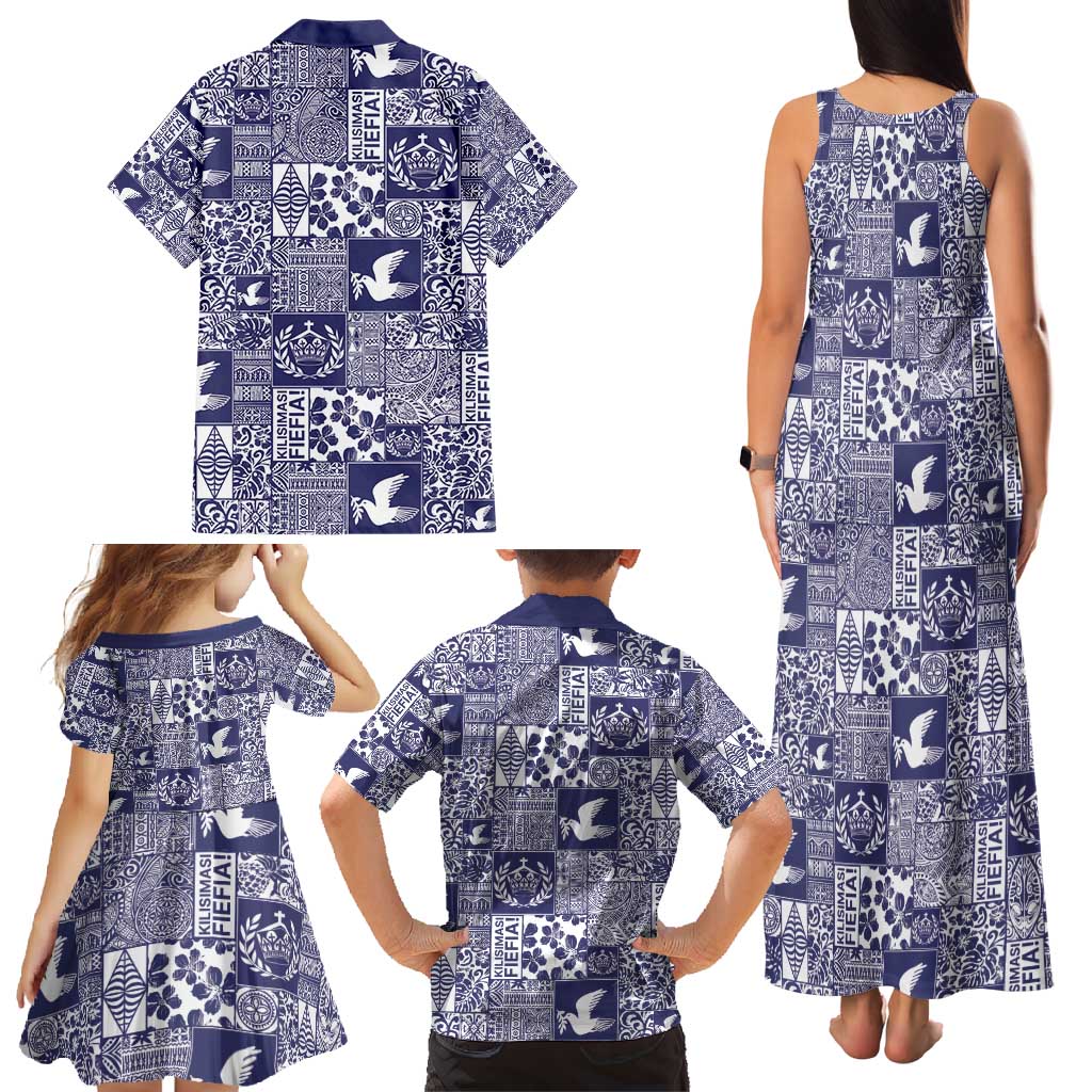 Blue Tonga Kilisimasi Fiefia Family Matching Tank Maxi Dress and Hawaiian Shirt Pacific Patchwork Xmas Vibes - Polynesian Pride