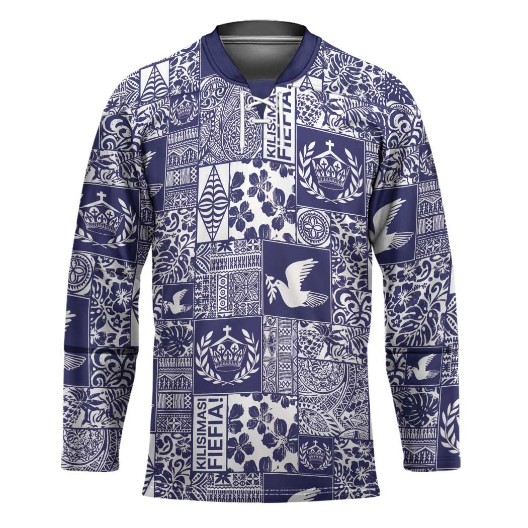 Blue Tonga Kilisimasi Fiefia Hockey Jersey Pacific Patchwork Xmas Vibes - Polynesian Pride