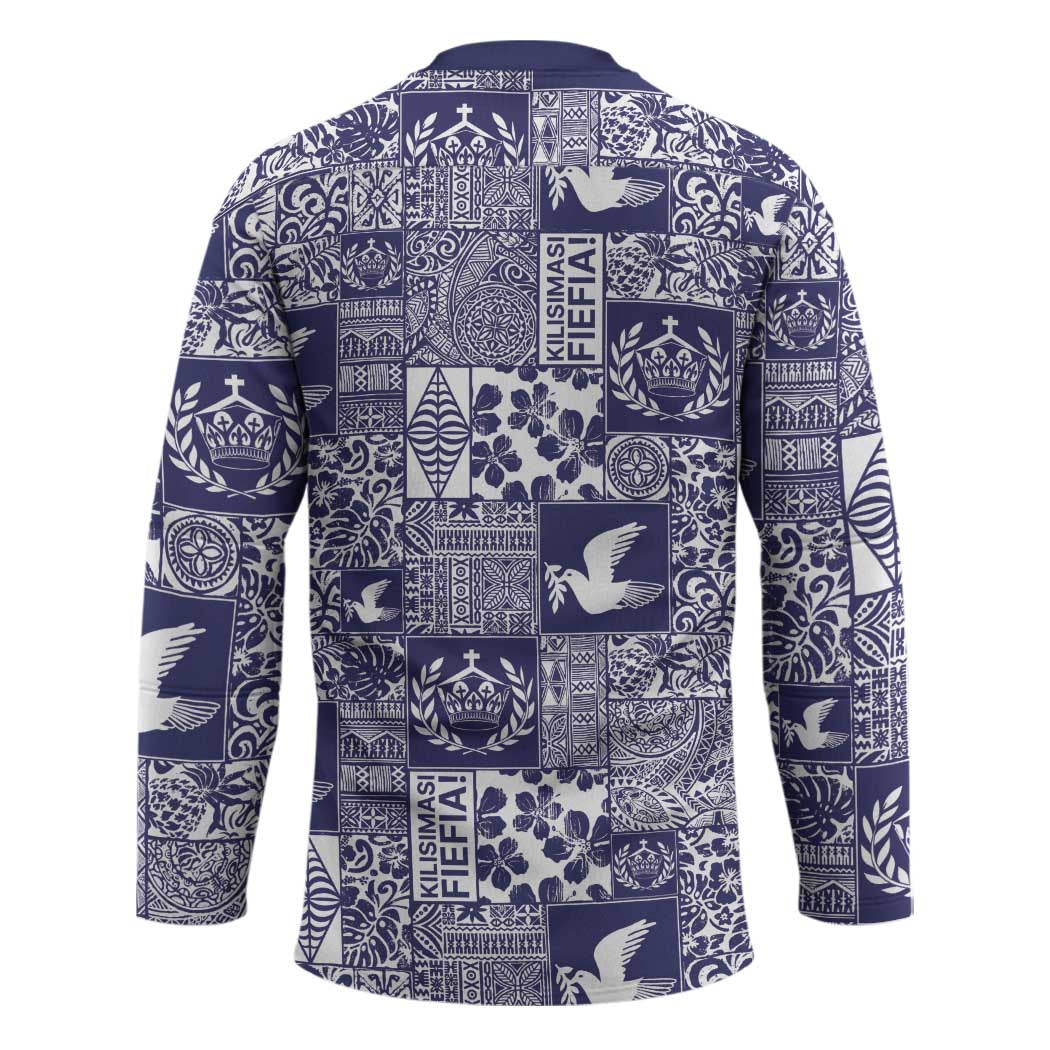 Blue Tonga Kilisimasi Fiefia Hockey Jersey Pacific Patchwork Xmas Vibes - Polynesian Pride