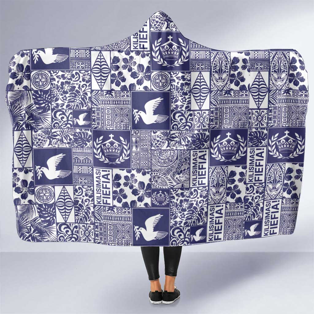 Blue Tonga Kilisimasi Fiefia Hooded Blanket Pacific Patchwork Xmas Vibes - Polynesian Pride