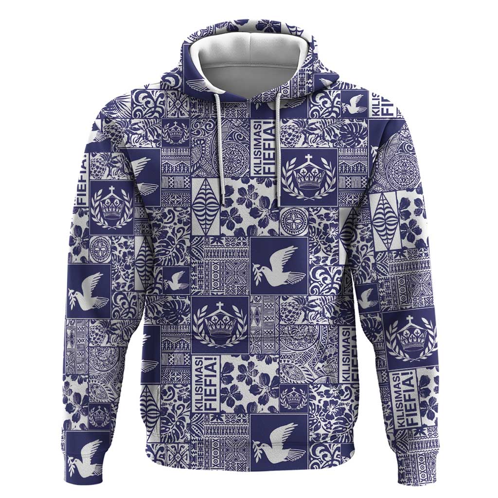 Blue Tonga Kilisimasi Fiefia Hoodie Pacific Patchwork Xmas Vibes - Polynesian Pride