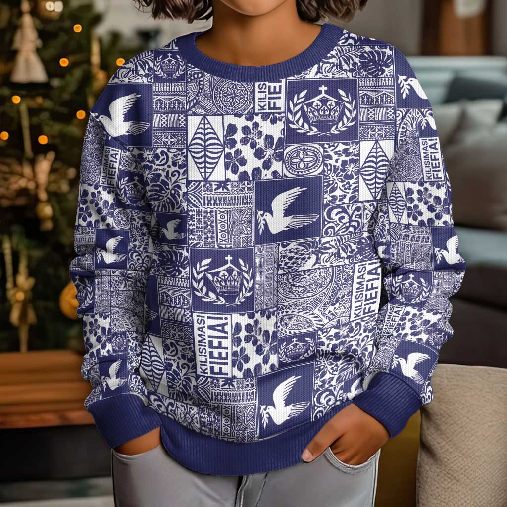 Blue Tonga Kilisimasi Fiefia Kid Ugly Christmas Sweater Pacific Patchwork Xmas Vibes - Polynesian Pride