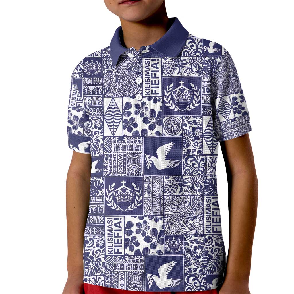 Blue Tonga Kilisimasi Fiefia Kid Polo Shirt Pacific Patchwork Xmas Vibes - Polynesian Pride
