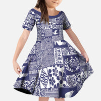 Blue Tonga Kilisimasi Fiefia Kid Short Sleeve Dress Pacific Patchwork Xmas Vibes - Polynesian Pride