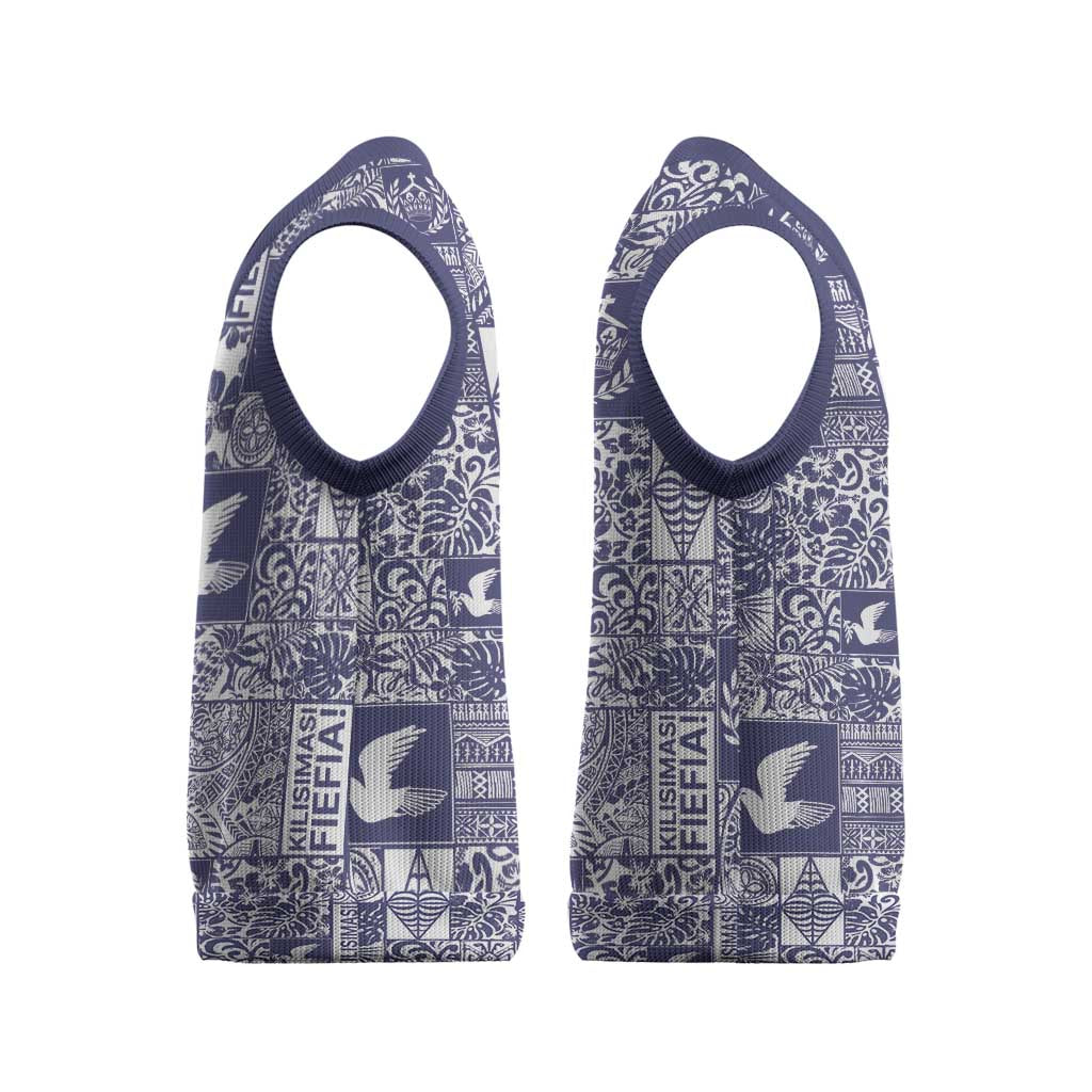 Blue Tonga Kilisimasi Fiefia Christmas Knitted V-Neck Vest Pacific Patchwork Xmas Vibes - Polynesian Pride