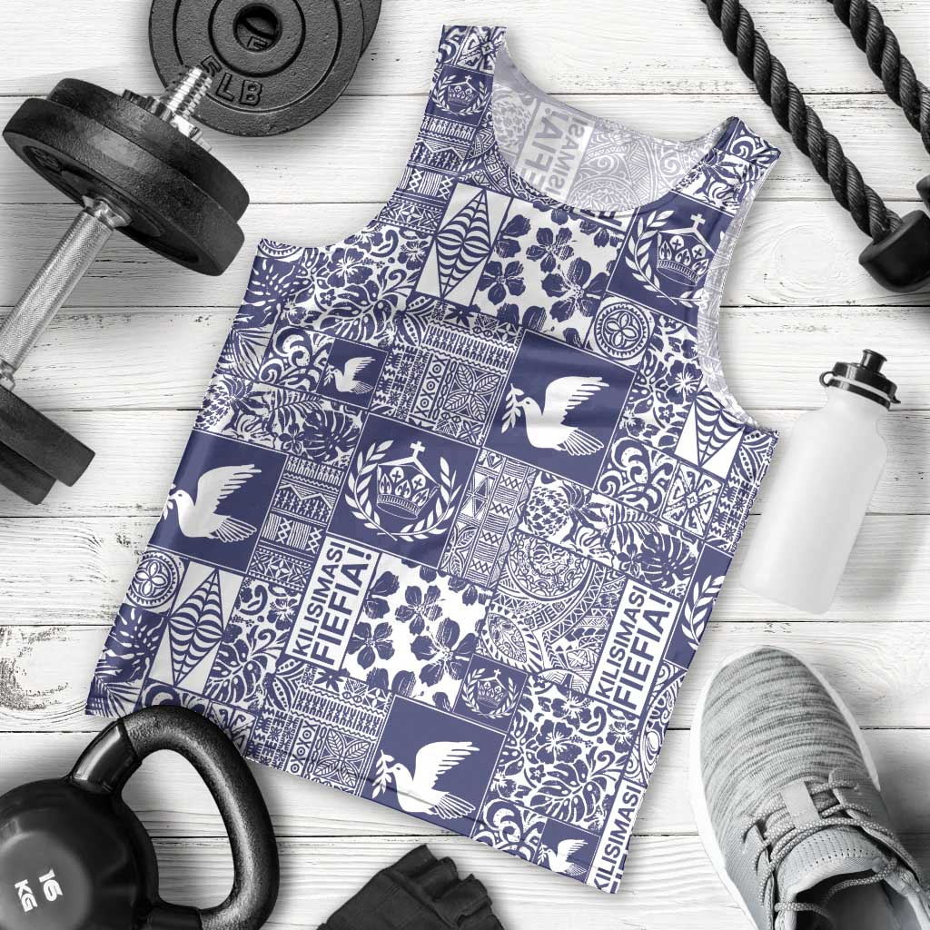 Blue Tonga Kilisimasi Fiefia Men Tank Top Pacific Patchwork Xmas Vibes - Polynesian Pride