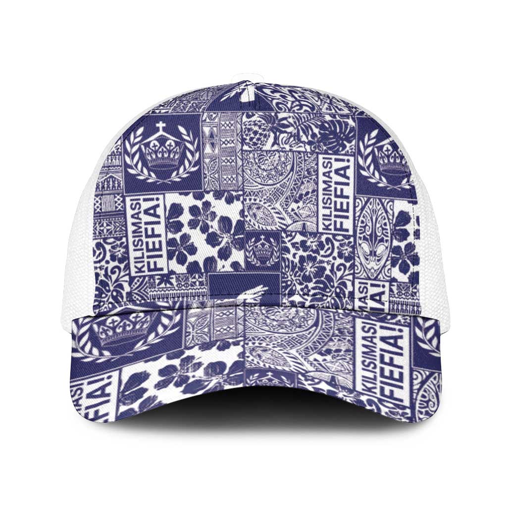Blue Tonga Kilisimasi Fiefia Mesh Trucker Cap Pacific Patchwork Xmas Vibes - Polynesian Pride