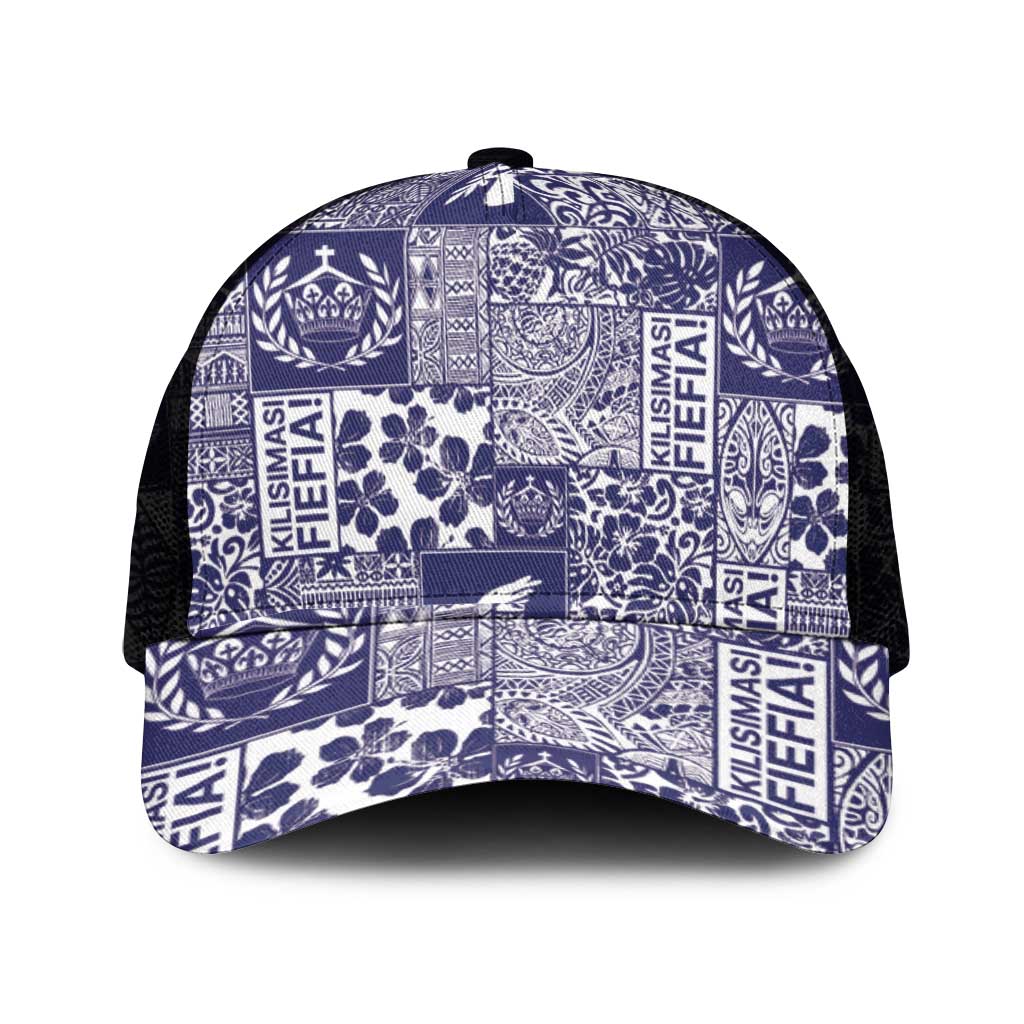 Blue Tonga Kilisimasi Fiefia Mesh Trucker Cap Pacific Patchwork Xmas Vibes - Polynesian Pride