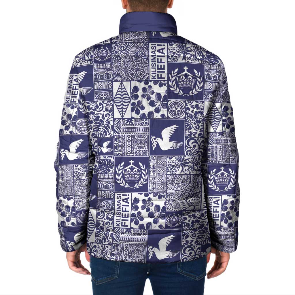Blue Tonga Kilisimasi Fiefia Padded Jacket Pacific Patchwork Xmas Vibes - Polynesian Pride