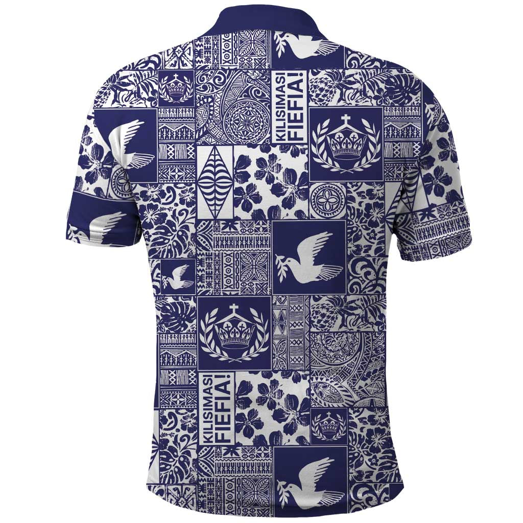 Blue Tonga Kilisimasi Fiefia Polo Shirt Pacific Patchwork Xmas Vibes - Polynesian Pride
