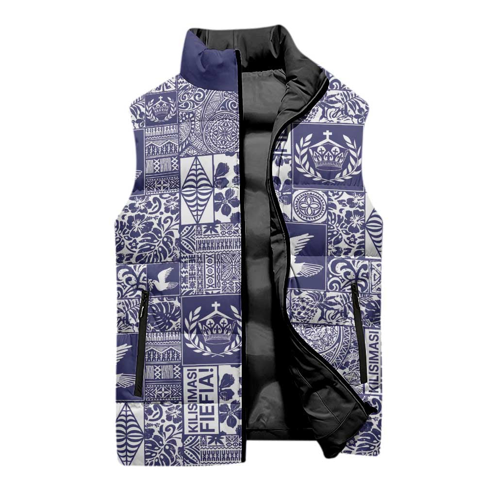 Blue Tonga Kilisimasi Fiefia Sleeveless Puffer Jacket Pacific Patchwork Xmas Vibes - Polynesian Pride