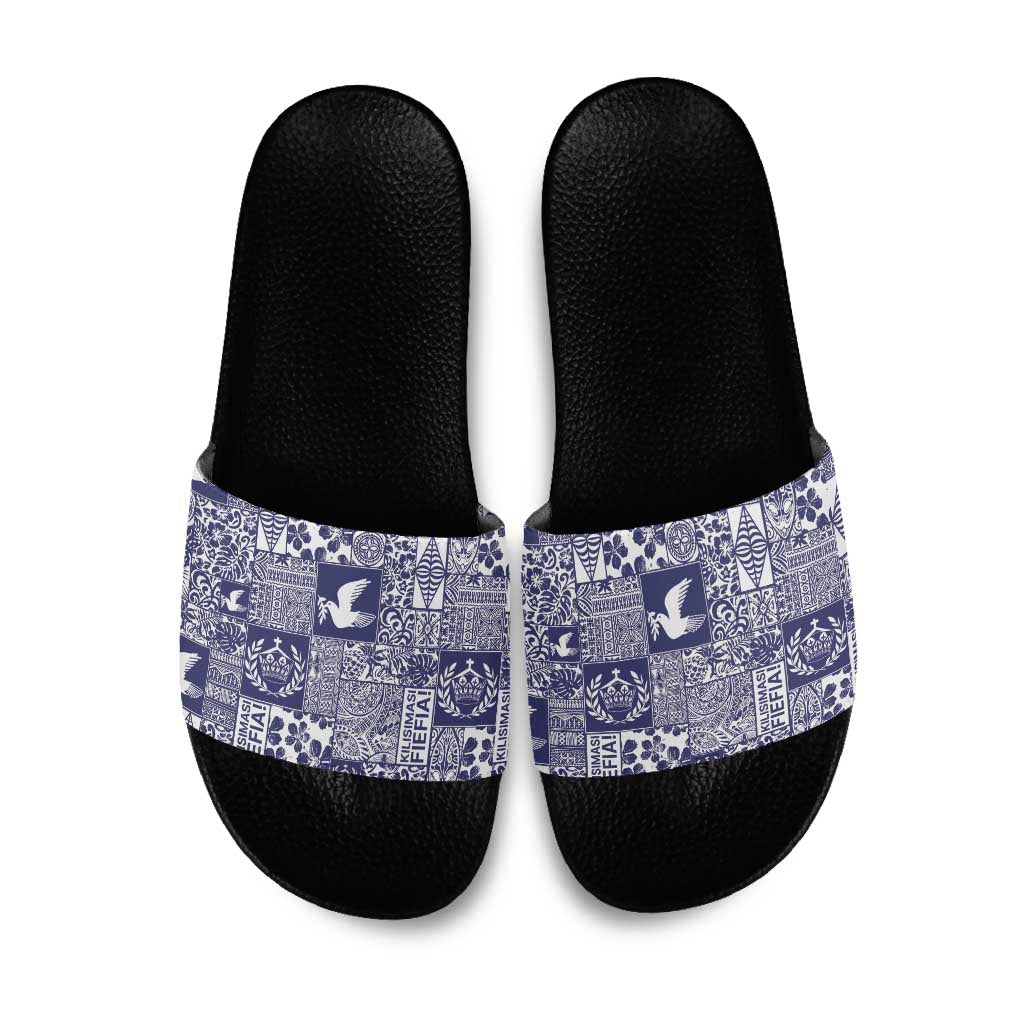 Blue Tonga Kilisimasi Fiefia Slide Sandals Pacific Patchwork Xmas Vibes - Polynesian Pride